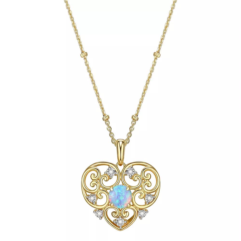 18k Gold Over Silver Lab Created Blue Opal & Diamond Accent Filigree Heart Pendant, Women's, Size: 18", Gold Tone Product Image