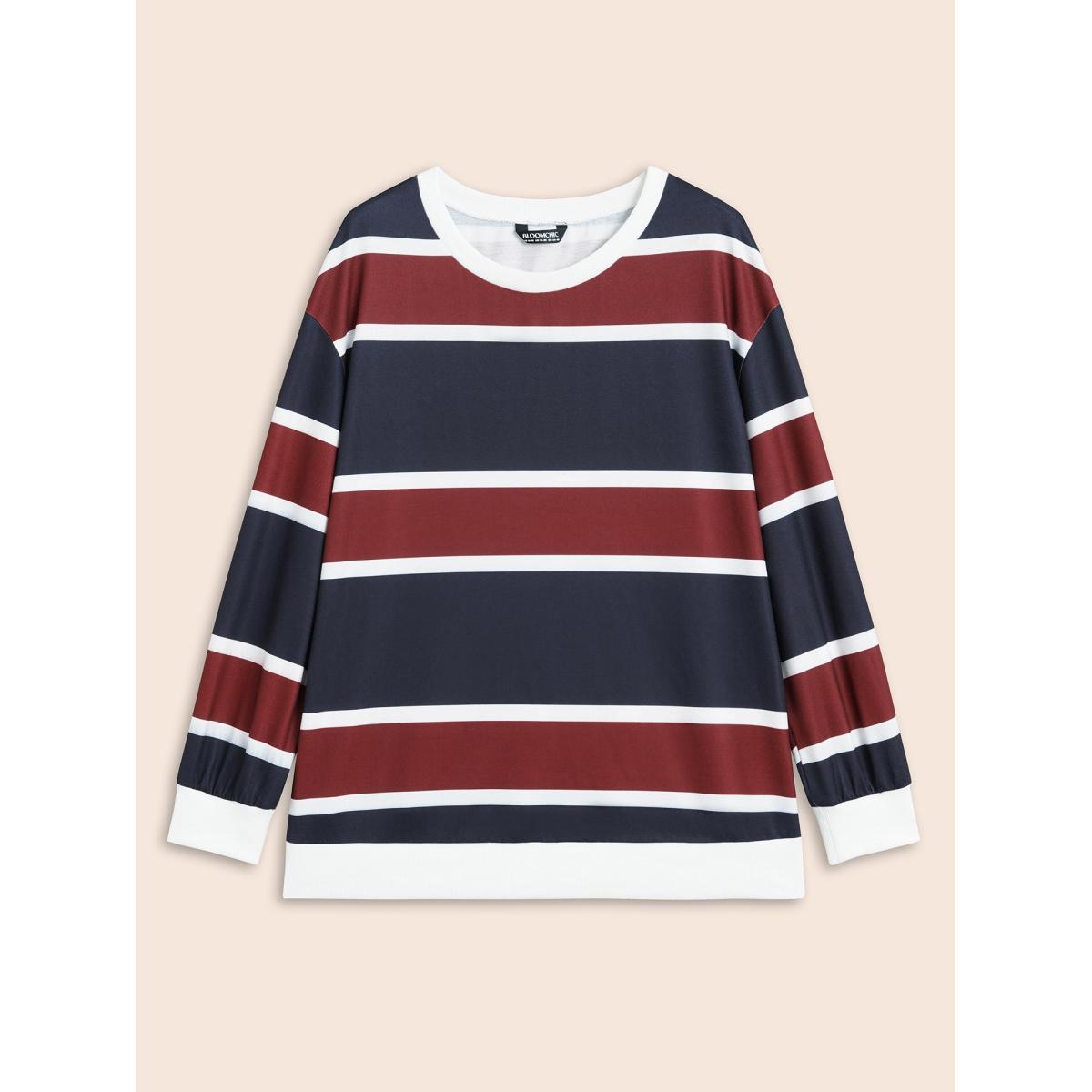 Plus Size Contrast Striped Drop Shoulder Sweatshirt Women Multicolor Casual Contrast Round Neck Everyday Sweatshirts BloomChic 14-16/1X Product Image