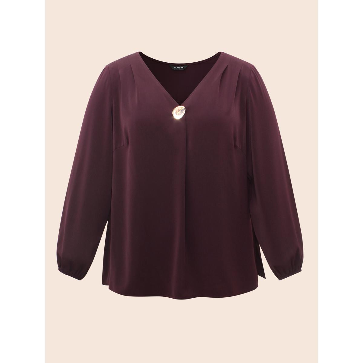 Plus Size Eggplant V Neck Pleated Metal Detail Blouse Women Elegant Long Sleeve V-neck Everyday Blouses BloomChic 10/M Product Image