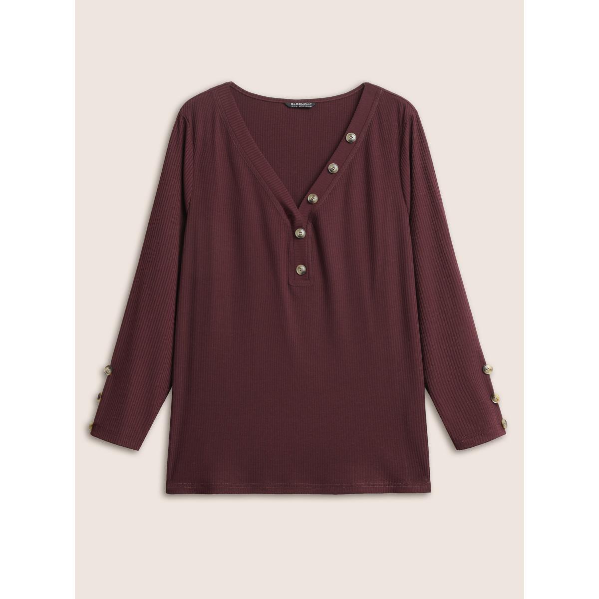 Plus Size Solid Rib Knit Button Detail Skinny T-shirt Mauve Women Casual Texture Plain V-neck Everyday T-shirts BloomChic 22-24/3X Product Image