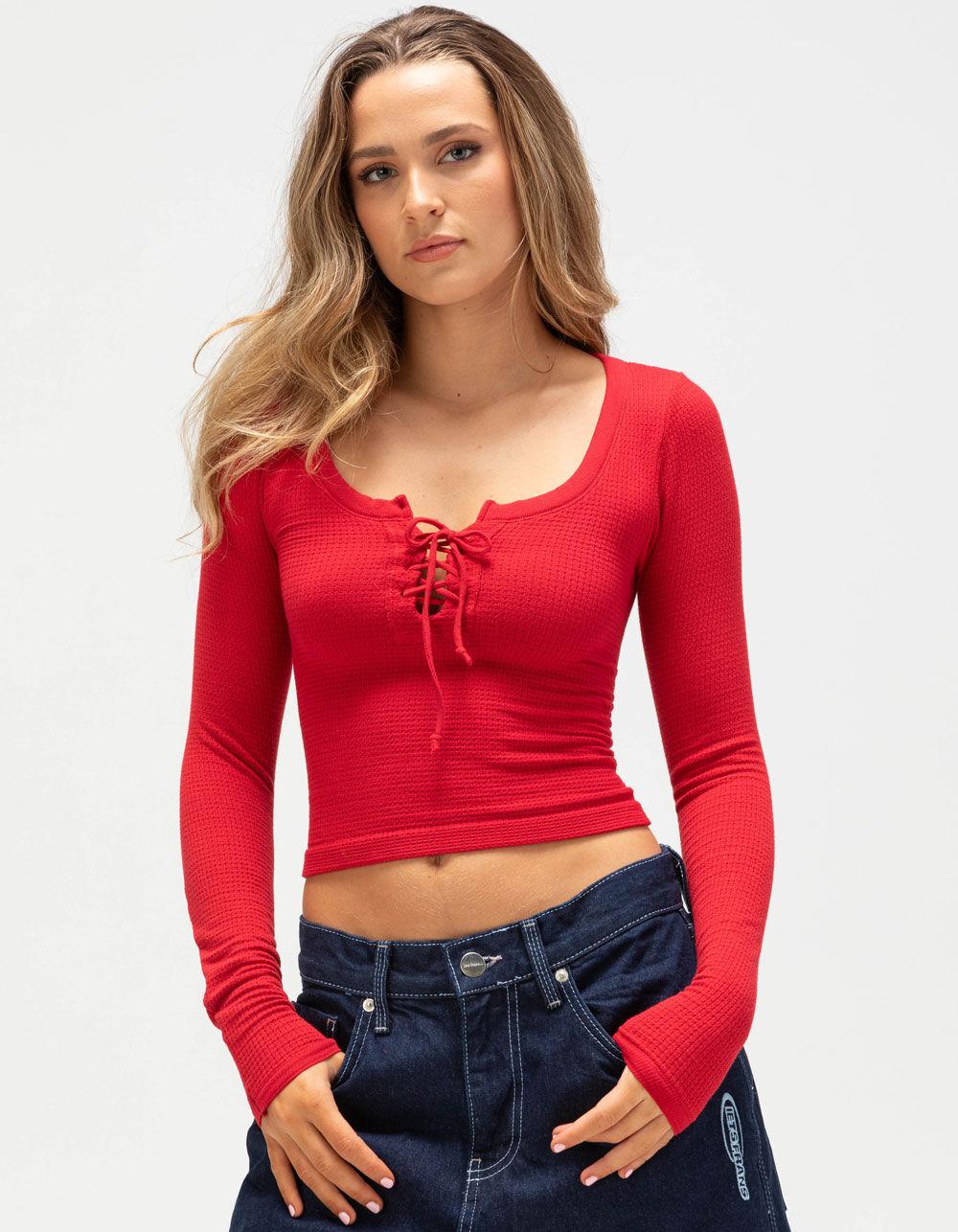 BDG Urban Outfitters Knockout Womens Lace Up Top - BURGUNDY Product Image