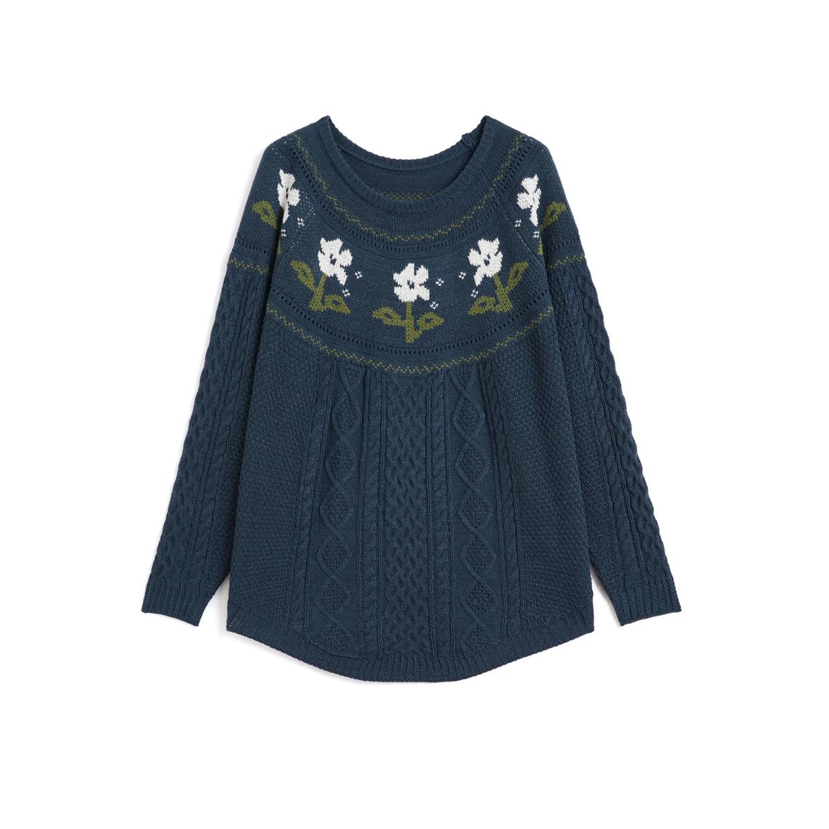 Plus Size Floral Jacquard Raglan Sleeve Pullover Indigo Women Leisure Long Sleeve Round Neck Casual Pullovers BloomChic 28/5X Product Image