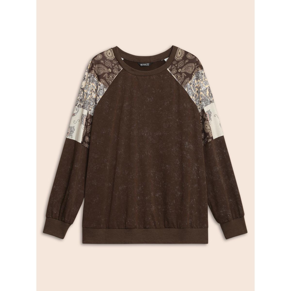 Plus Size Vintage Boho Print Patchwork Sweatshirt Women DarkBrown Casual Contrast Round Neck Everyday Sweatshirts BloomChic 18-20/2X Product Image