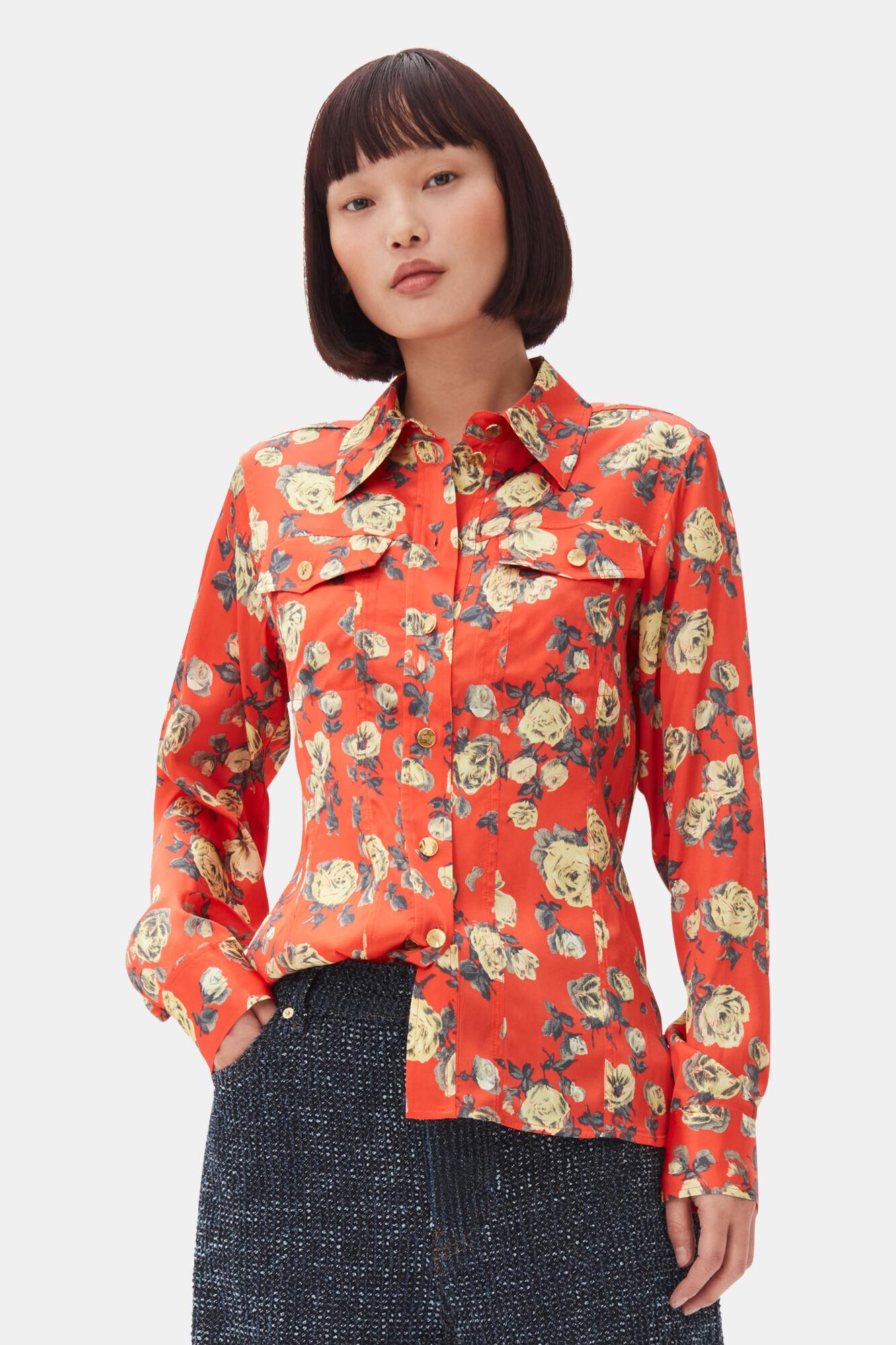 Orange Floral Printed Satin Shirt Product Image