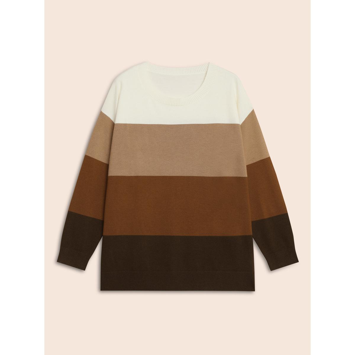 Plus Size Supersoft Essentials Colorblock Contrast Drop Shoulder Pullover Browncoffeecolor Women Casual Loose Long Sleeve Round Neck Everyday Pullovers BloomChic 28/5X Product Image