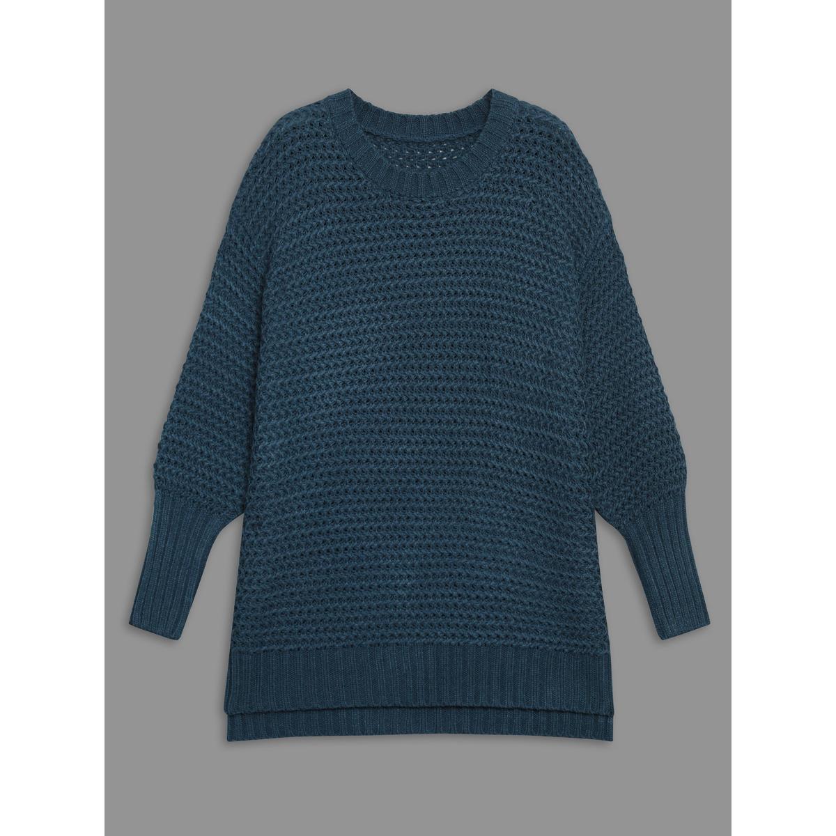 Plus Size Texture Drop Shoulder Split Hem Pullover Cyan Women Casual Loose Long Sleeve Round Neck Everyday Pullovers BloomChic 18-20/2X Product Image