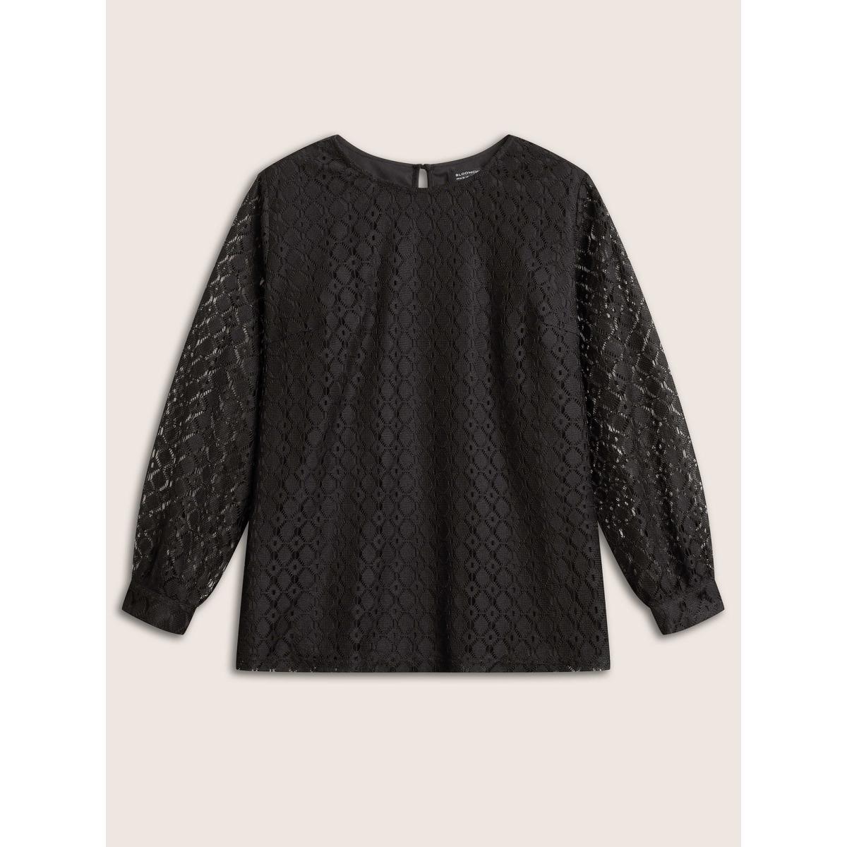 Plus Size Black Geometric Lace Panel Round Neck Blouse Women Elegant Long Sleeve Round Neck Party Blouses BloomChic 22-24/3X Product Image