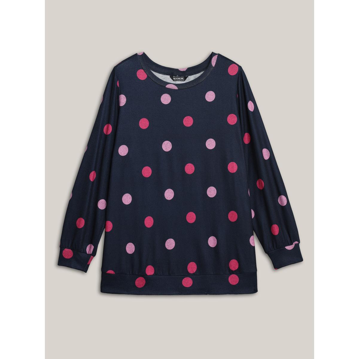 Plus Size Polka Dots Round Neck Fitted Sweatshirt Women Midnight Casual Contrast Round Neck Everyday Sweatshirts BloomChic 30/6X Product Image
