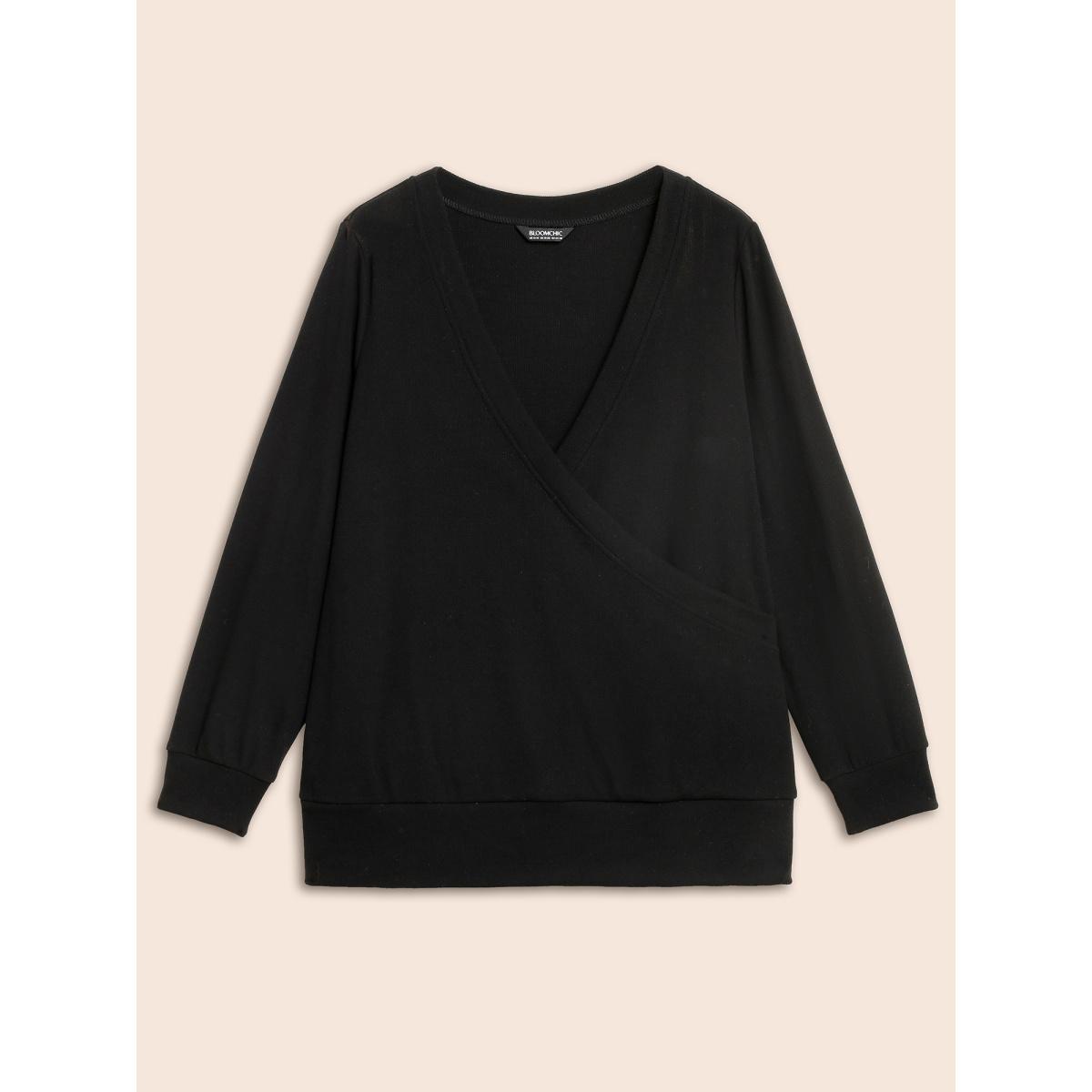 Plus Size Airy Cozy Wrap Style Sweatshirt Women Black Casual Overlapping Bodycon Overlap Collar Everyday Sweatshirts BloomChic 12/L Product Image
