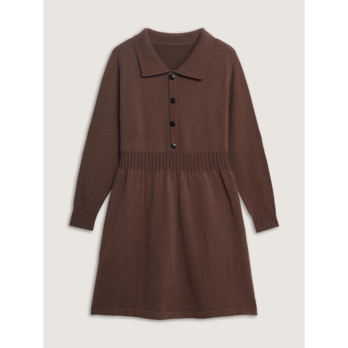 Plus Size Cinched-Waist Collar Button Sweater Dress Browncoffeecolor Women Office Bodycon Long Sleeve Office Sweater Dresses BloomChic 10/M Product Image