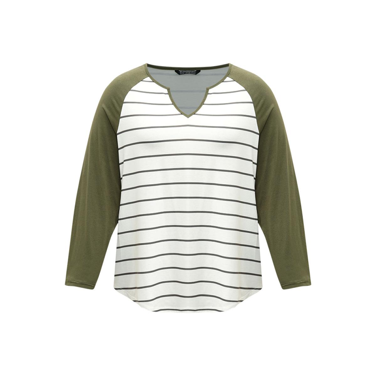 Plus Size Striped Notched Contrast Patchwork T-shirt ArmyGreen Women Casual Contrast Striped Notched collar Dailywear T-shirts BloomChic 12/L Product Image