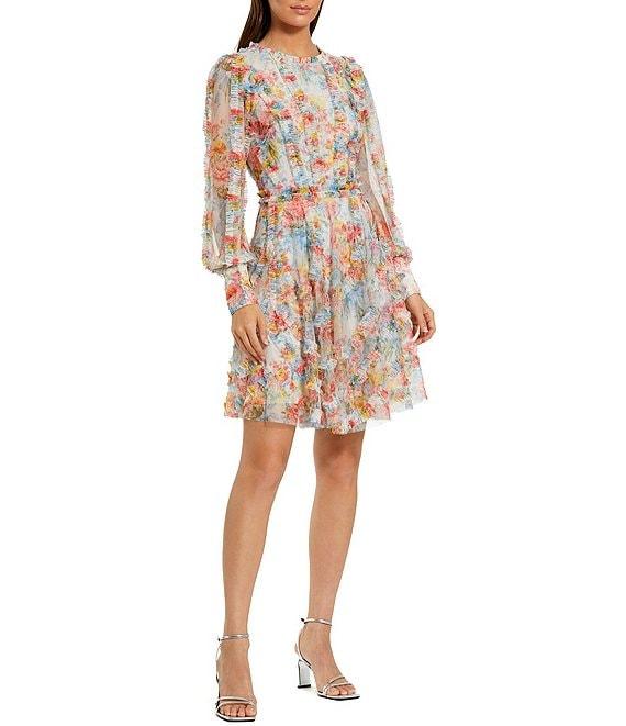 Mac Duggal Ruffle Neck Long Illusion Sleeves Floral Mesh Sheath Dress Product Image