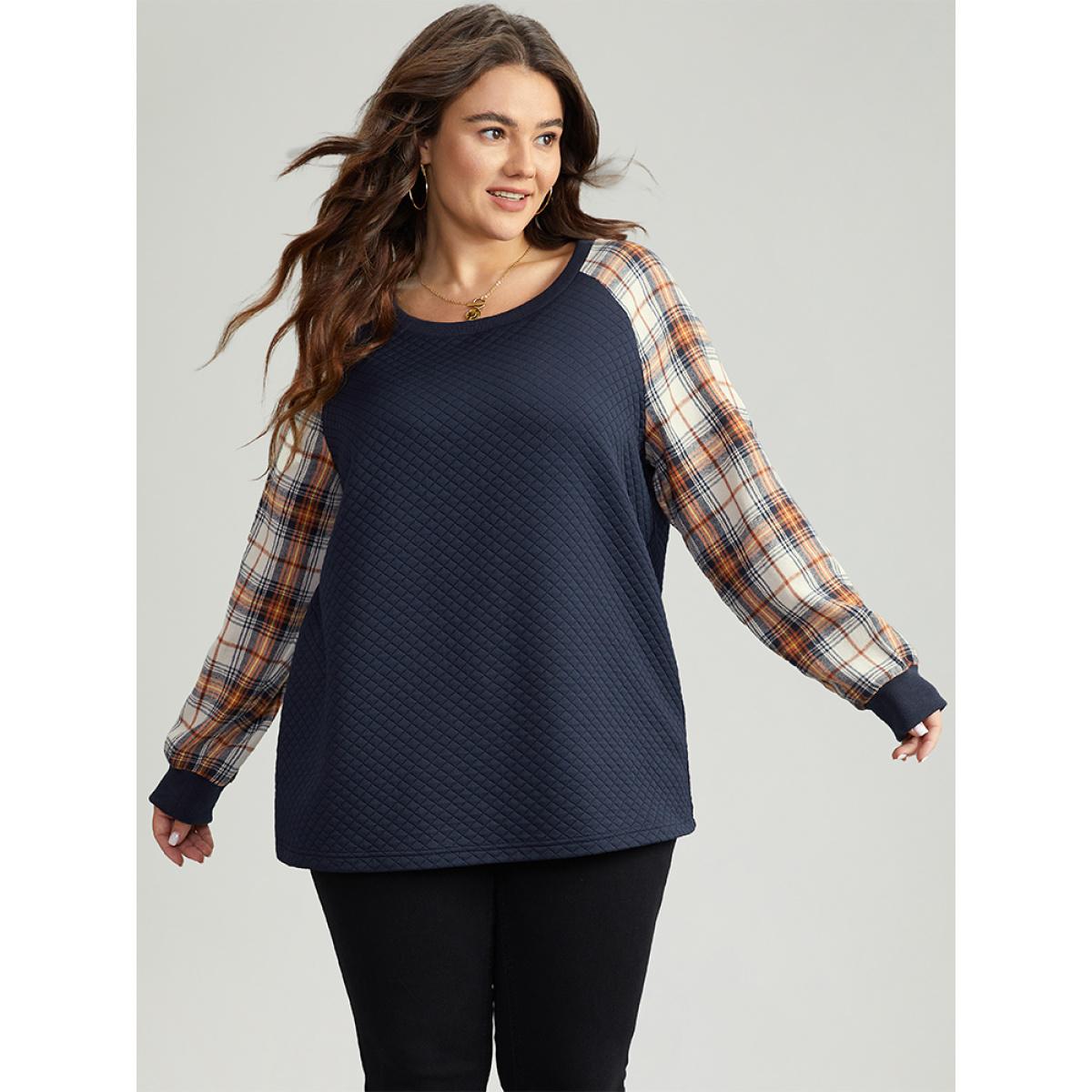 Plus Size Rib Knit Plaid Patchwork Raglan Sleeve Sweatshirt Women DarkBlue Casual Elastic cuffs Round Neck Festival-Christmas Sweatshirts BloomChic 22-24/3X Product Image
