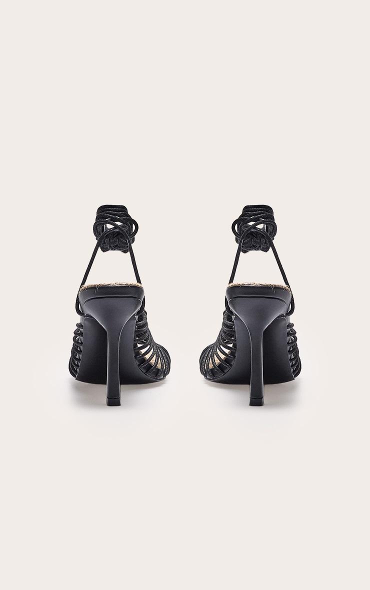 Black Pu Square Knotted Toe Lace Up Heeled Sandals Product Image