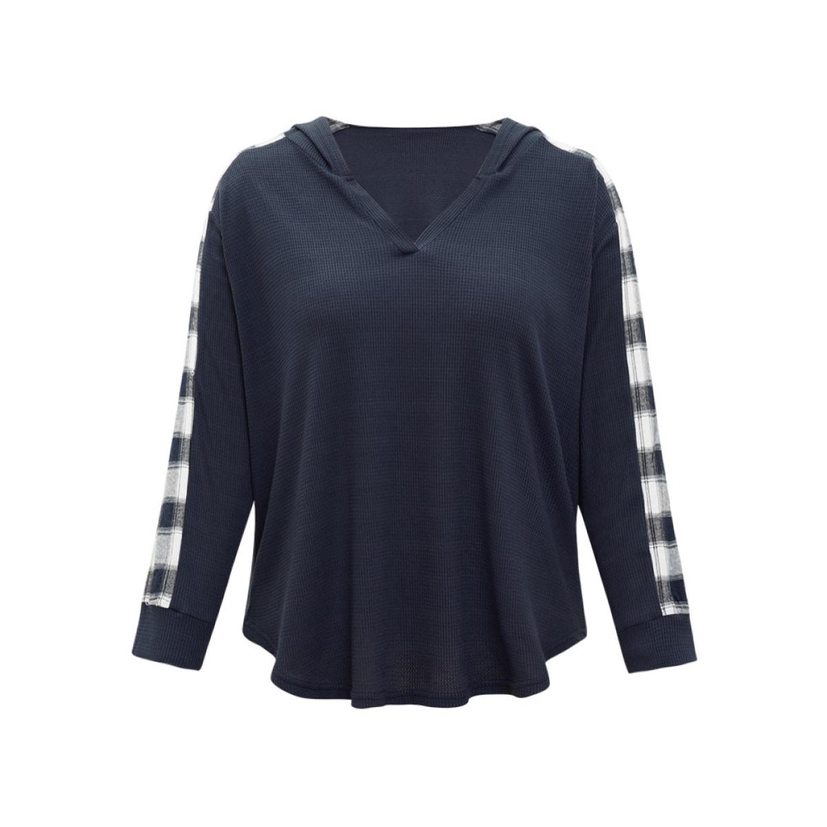 Plus Size Plaid Patchwork Hooded Plisse Sweatshirt Women Indigo Casual Elastic cuffs Hooded Everyday Sweatshirts BloomChic 26/4X Product Image