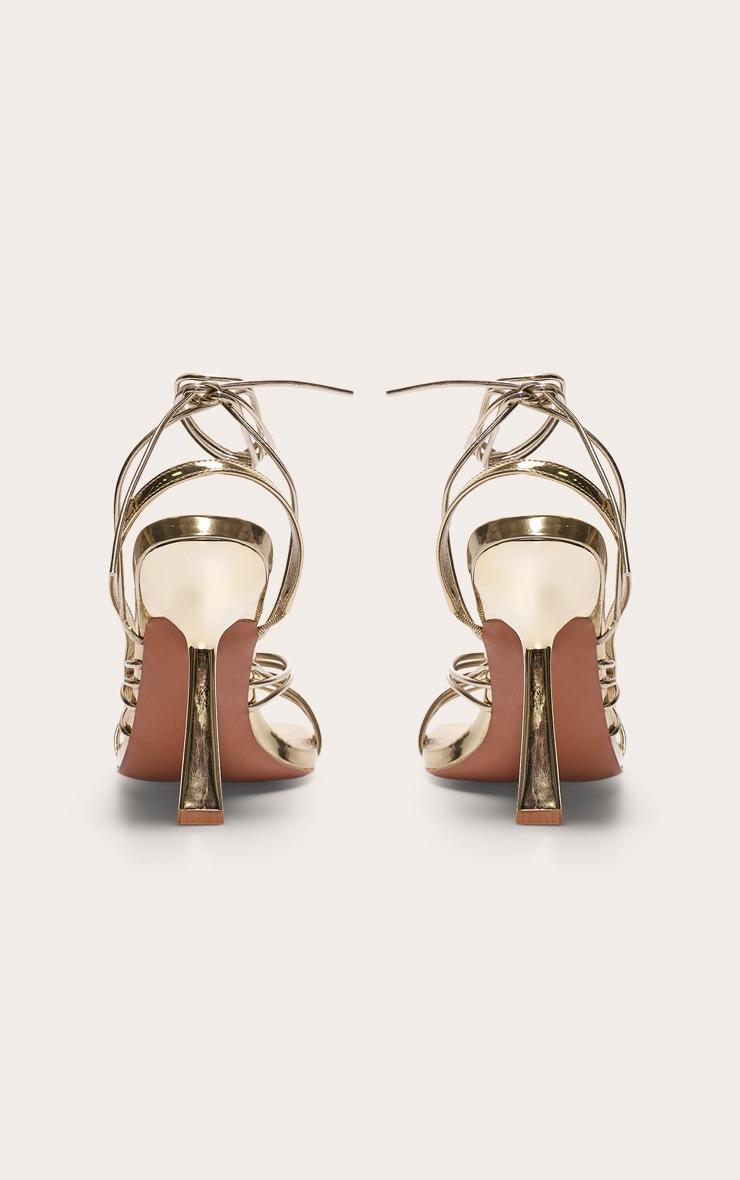 Gold Pu Square Toe Asymmetric Strappy Lace Up High Heel Sandals Product Image