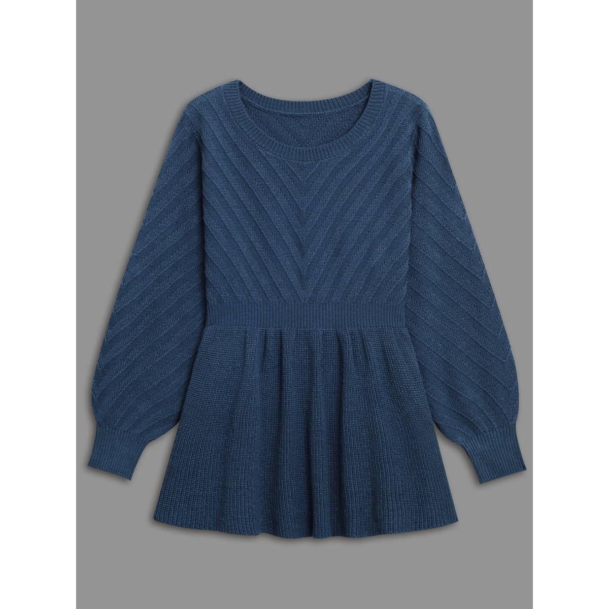 Plus Size Crew Neck Plain Textured Lantern Sleeve Pullover Indigo Women Casual Bodycon Long Sleeve Round Neck Everyday Pullovers BloomChic 14-16/1X Product Image