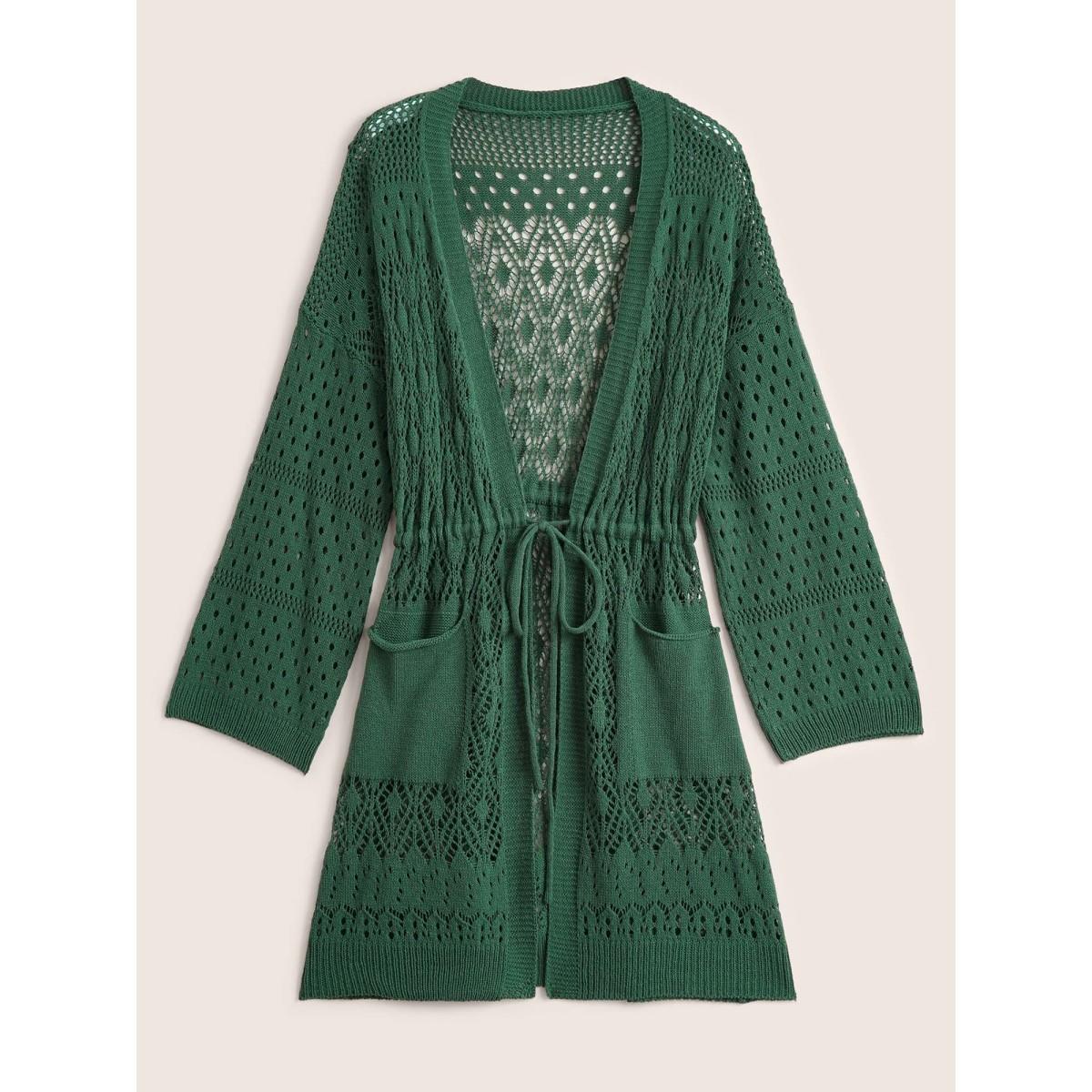 Plus Size Solid Drawstring Pocket Hollow Out Cardigan DarkGreen Women Everyday Elegant Cover Ups Bloomchic 14-16/1X Product Image