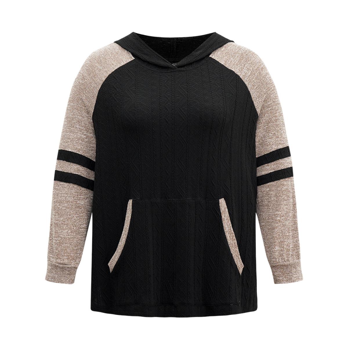 Plus Size Contrast Textured Raglan Sleeve Pocket Hooded Sweatshirt Women Black Casual Texture Hooded Dailywear Sweatshirts BloomChic 14-16/1X Product Image