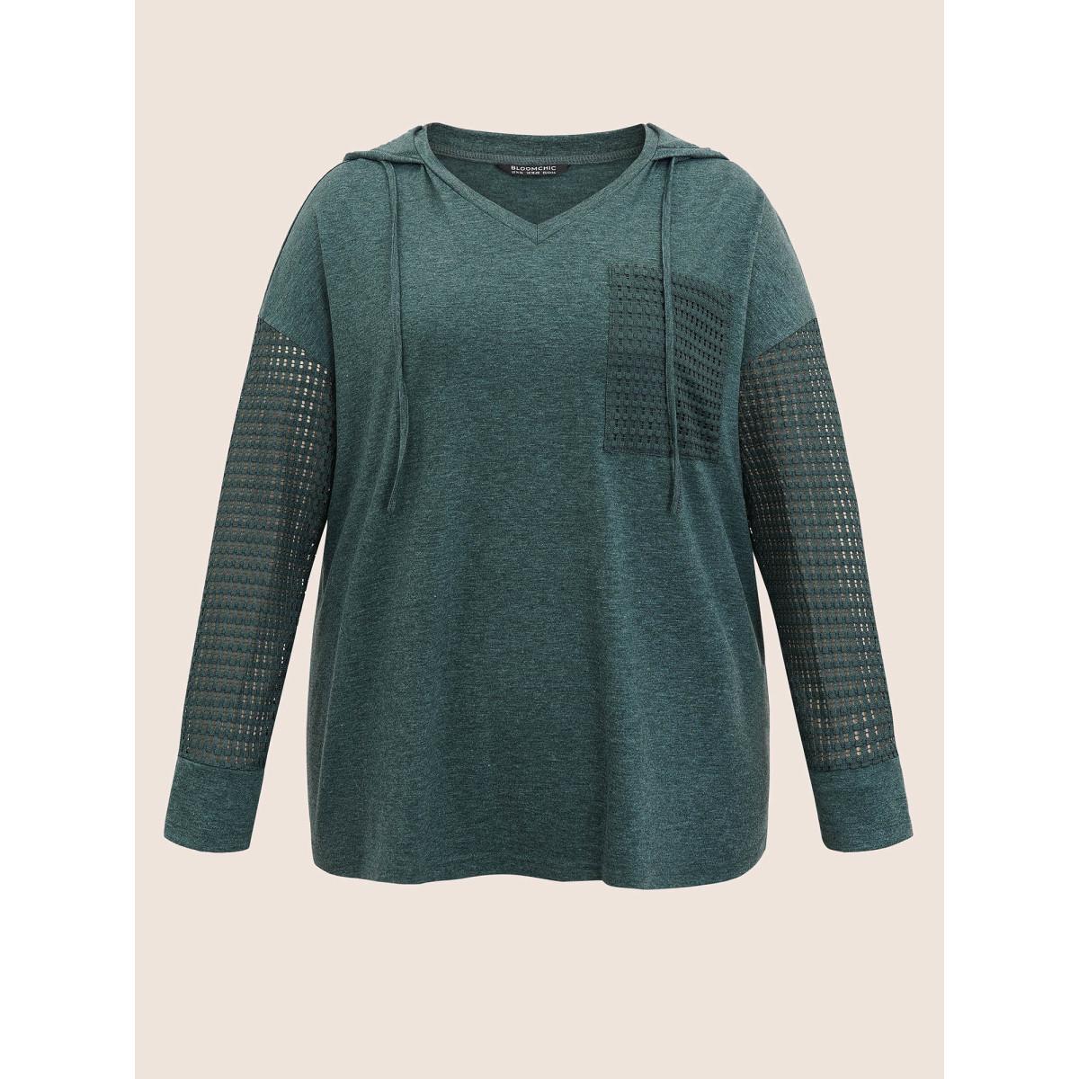 Plus Size Solid Heather Patched Pocket Textured T-shirt Cyan Women Casual Texture Plain Hooded Everyday T-shirts BloomChic 10/M Product Image