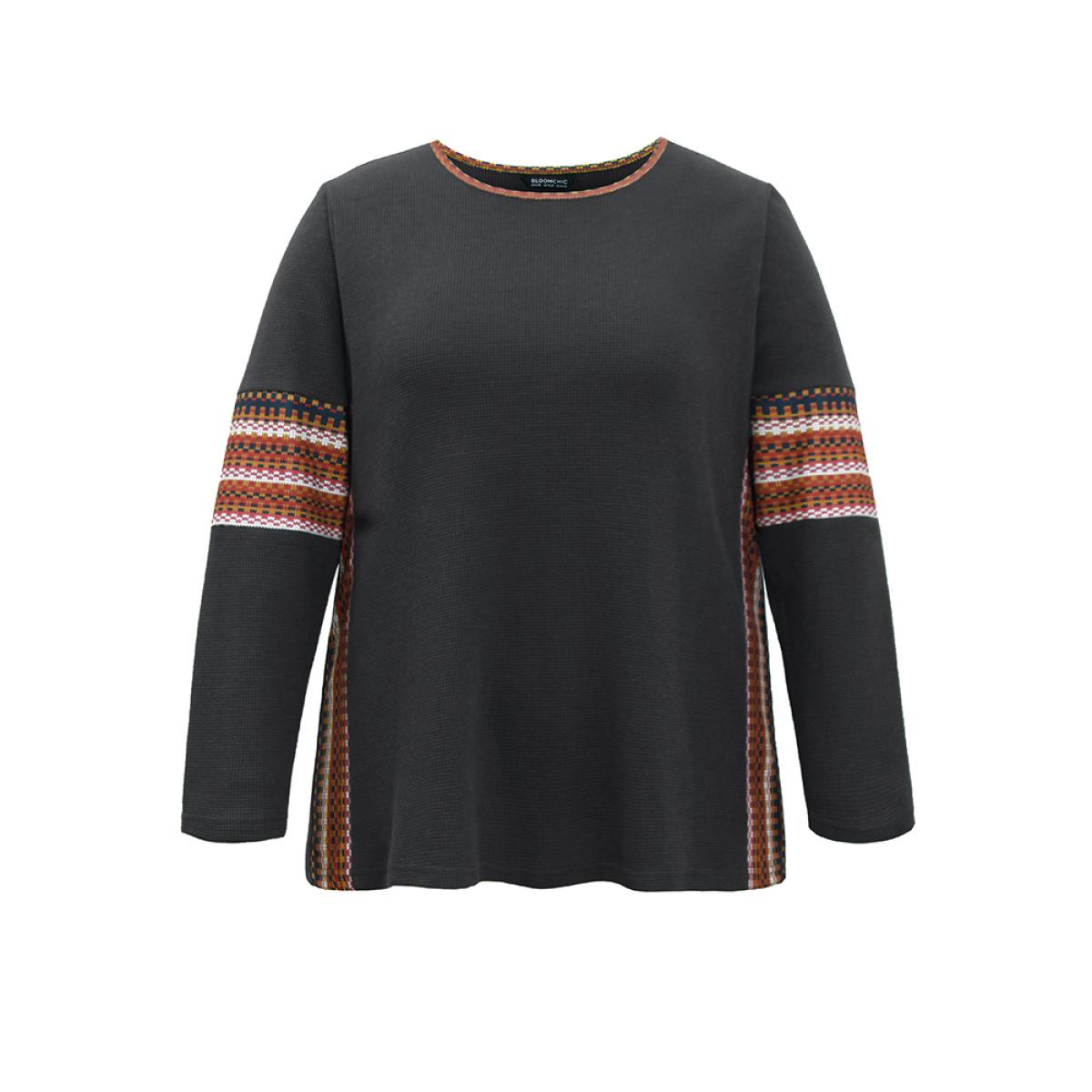 Plus Size Bandana Print Waffle Knit T-shirt DarkGray Women Elegant Waffle Knit Bohemian Print Round Neck Dailywear T-shirts BloomChic 14-16/1X Product Image