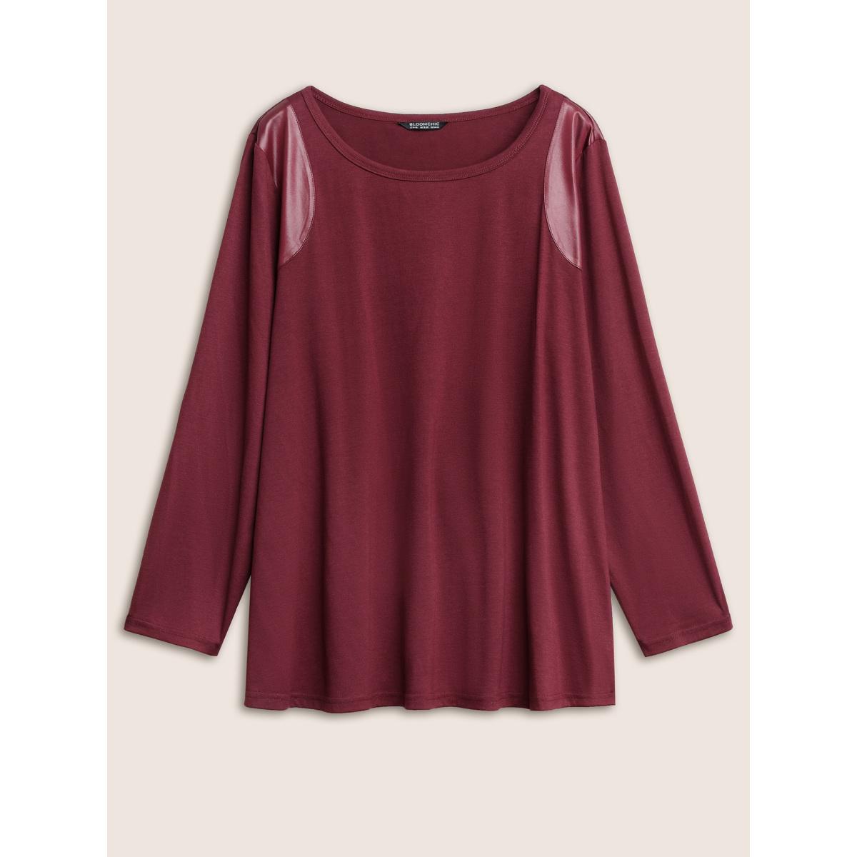 Plus Size Crew Neck Plain PU Leather T-shirt Burgundy Women Casual Patchwork Plain Round Neck Everyday T-shirts BloomChic 12/L Product Image
