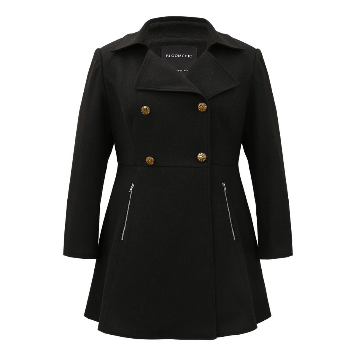 Plus Size Lapel Collar Metal Detail Zipper Pocket Coat Women Black Casual Plain Ladies Dailywear Winter Coats BloomChic 14-16/1X Product Image