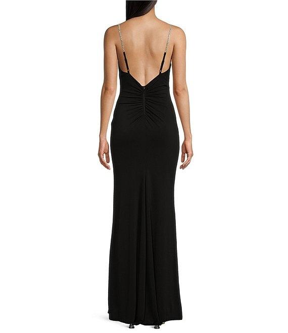 Midnight Doll Rhinestone Strap Front Slit Wrap Long Dress Product Image