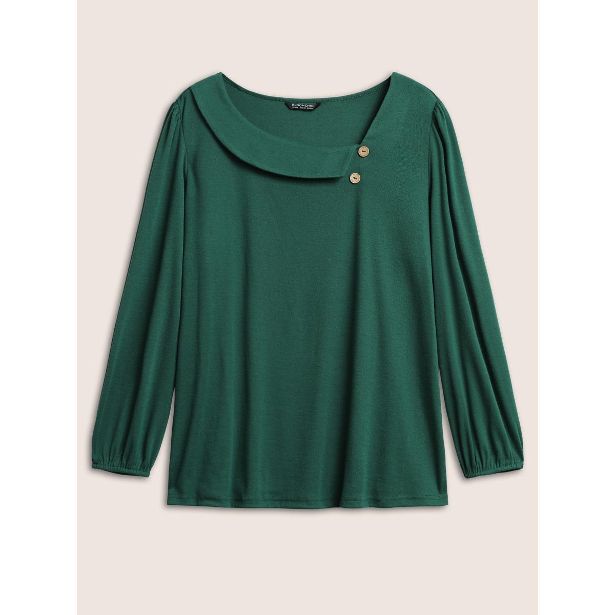 Plus Size Elastic Cuffs Asymmetrical Neck Button Detail T-shirt DarkGreen Women Elegant Button Plain Asymmetrical Neck Everyday T-shirts BloomChic 22-24/3X Product Image