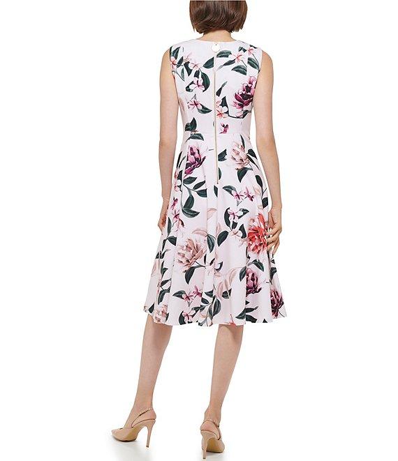 Calvin Klein Scuba Crepe Crew Neck Sleeveless Floral A-Line Dress Product Image