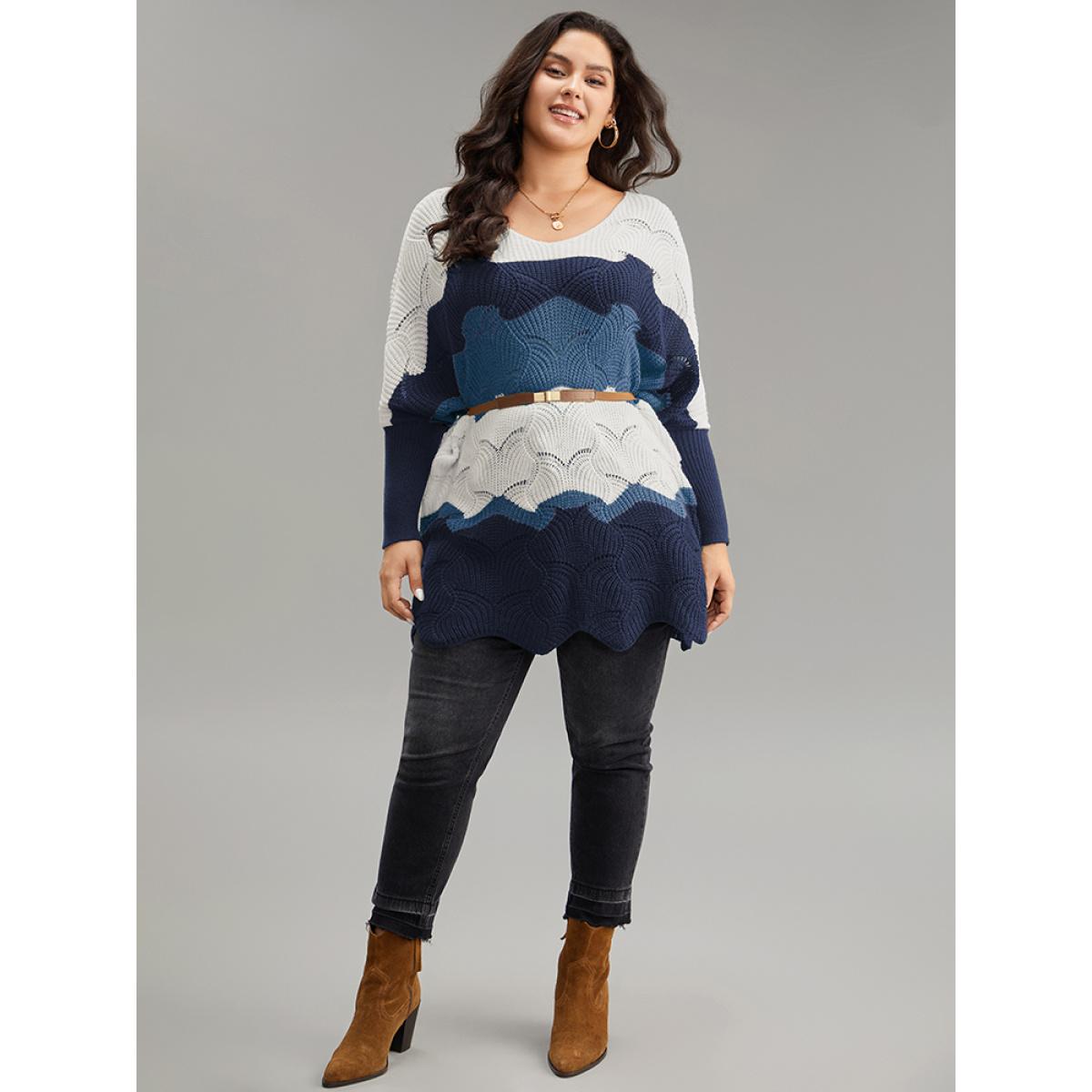 Plus Size Contrast Cut Out Batwing Sleeve Pullover Midnight Women Casual Loose Long Sleeve V-neck Everyday Pullovers BloomChic 18-20/2X Product Image