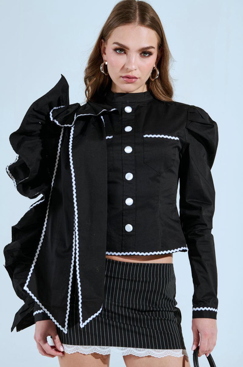 BRING THE DRAMA POPLIN BOW TOP IN BLACK Product Image