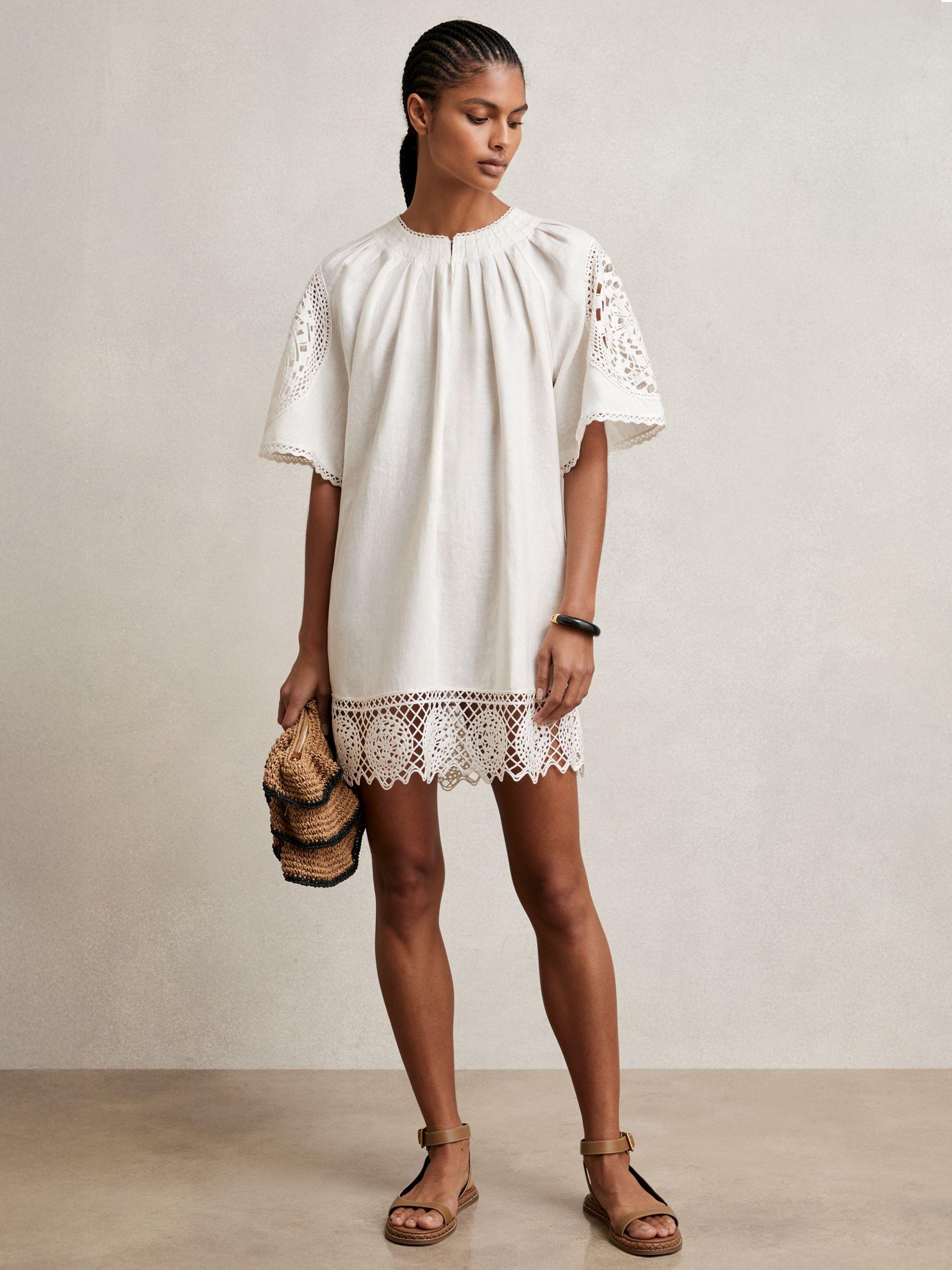 Linen Embroidered Shift Dress in Ivory Product Image