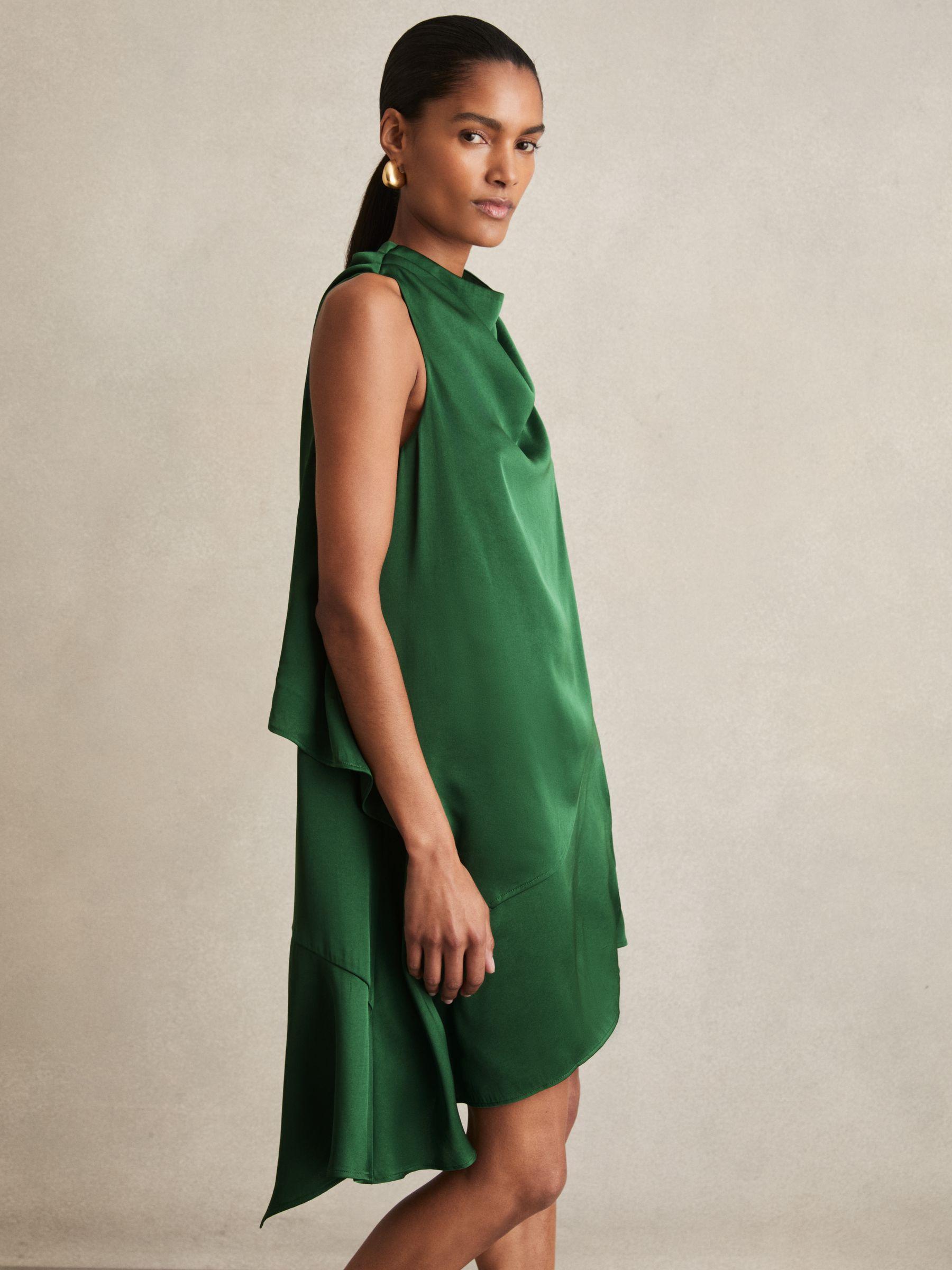 Satin Drape-Neck Layered Dress in Green Product Image