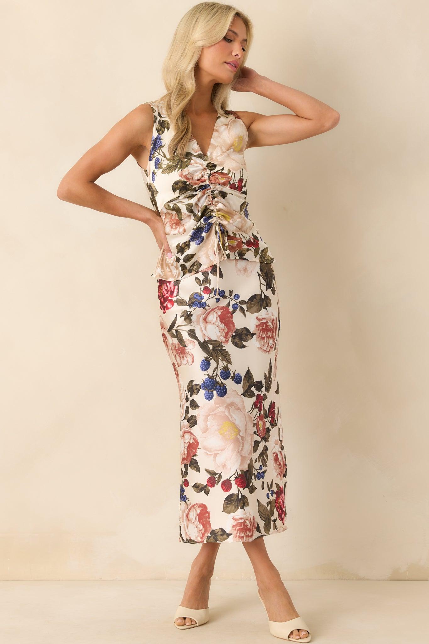Feeling Pretty Sure Ivory Multi Floral Print Satin Midi Skirt Product Image