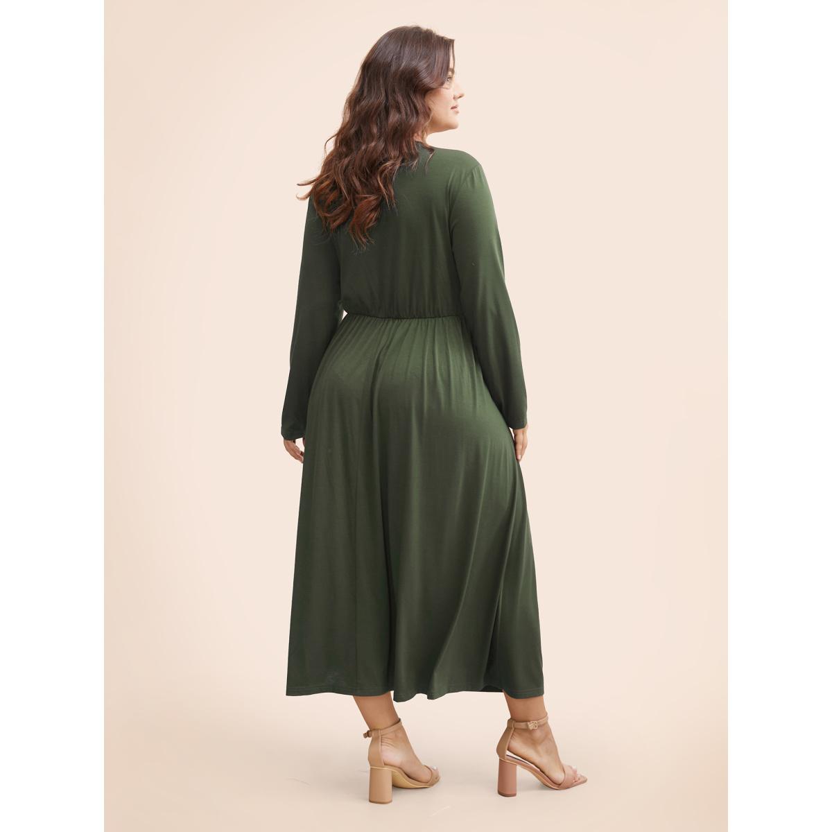 Plus Size Supersoft Essentials Ruched Wrap Pleated Hem Dress DimGray Women Casual Non Overlap Collar Long Sleeve Curvy Midi Dress BloomChic 26/4X Product Image