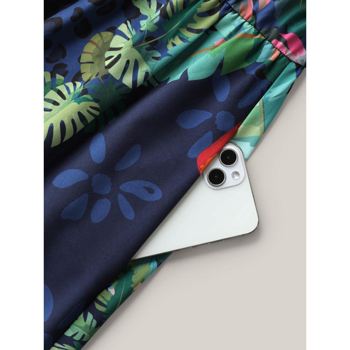 Plus Size Tropical Pattern Surplice Pockets Midi Dress DarkBlue Women Resort Non Overlap Collar Sleeveless Curvy BloomChic 26/4X Product Image