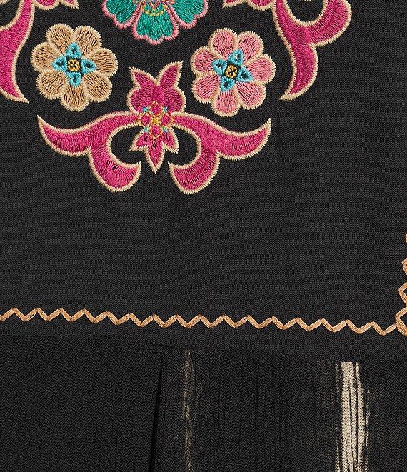 Calessa Plus Size Floral Tie-Dye Embordered Split Neck Tassel Tie Long Sleeve Tunic Product Image