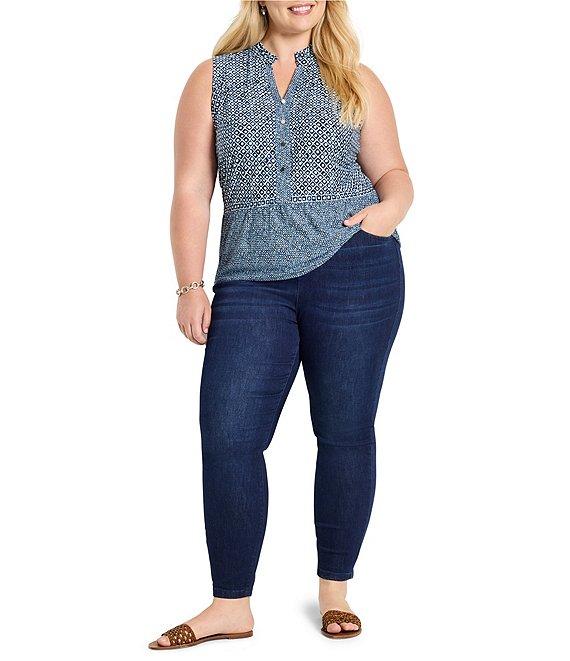 NIC + ZOE Plus Size Coastal Geo Print Split Neck Sleeveless Faux Button Tank Product Image