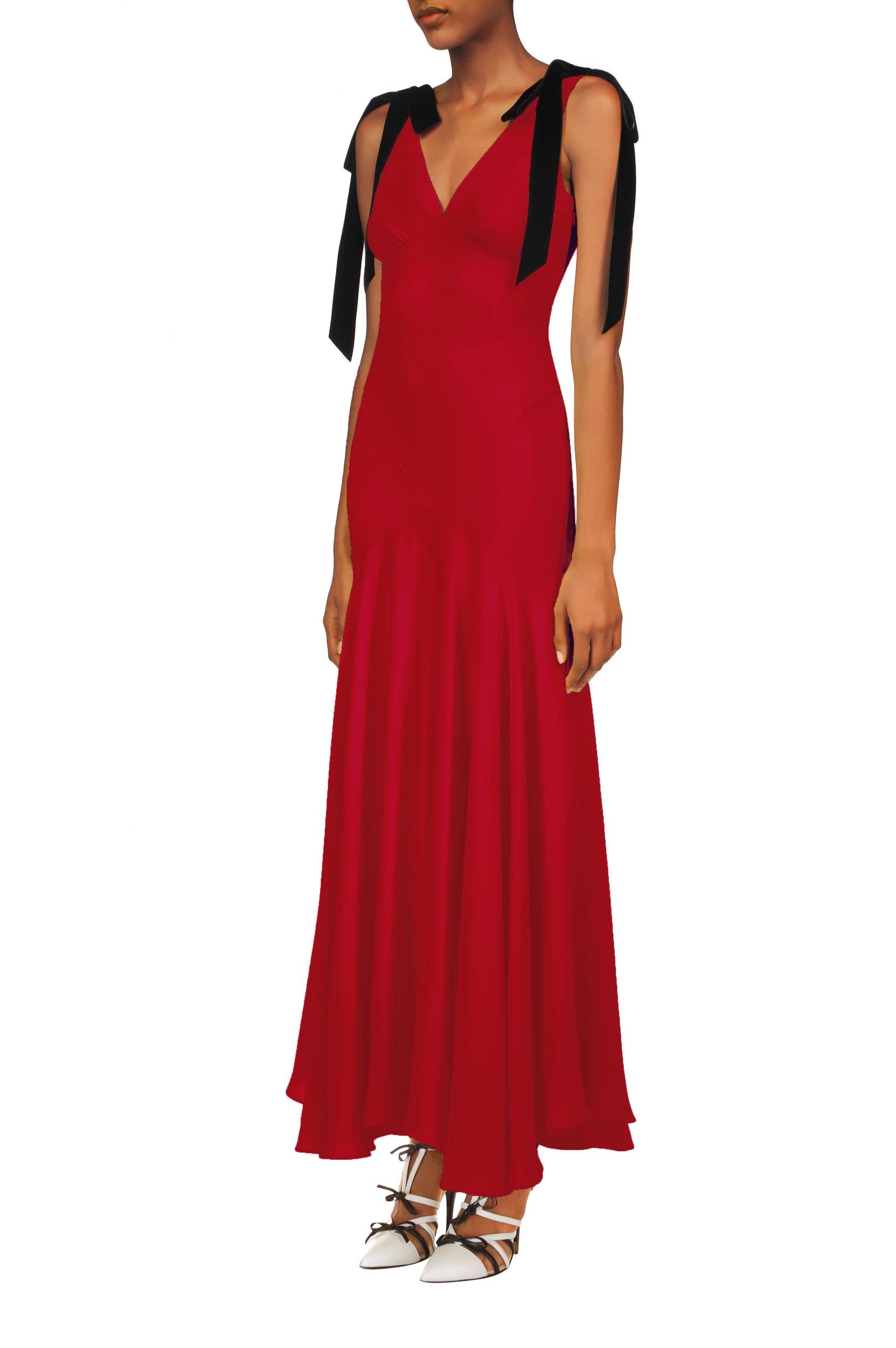 Crimson Silk Crepe Bias Dress With Black Velvet Ribbon Bow Detail Product Image