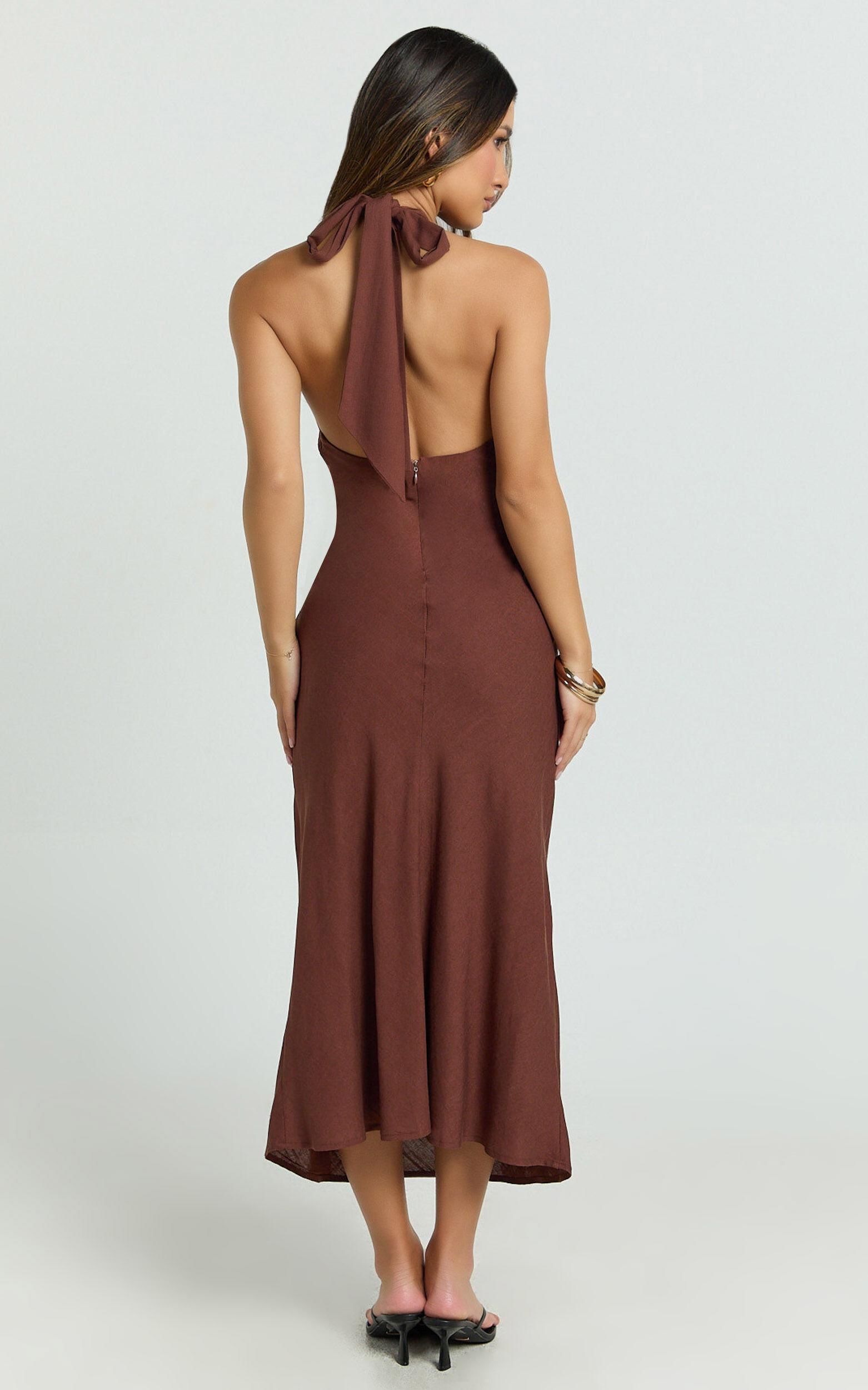 Adele Midi Dress - Halter Plunge Bias Cut Dress in Chocolate Product Image
