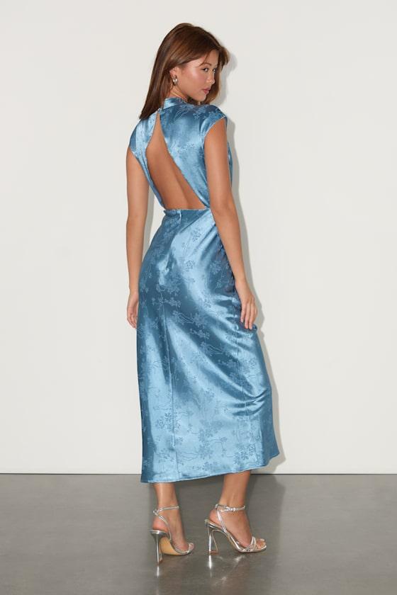 Gia Slate Blue Satin Jacquard Cutout Midi Dress Product Image