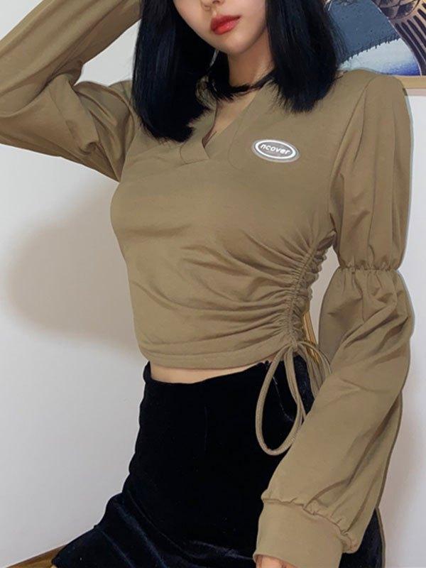 V Neck Lace Up Crop Sweatshirt Product Image