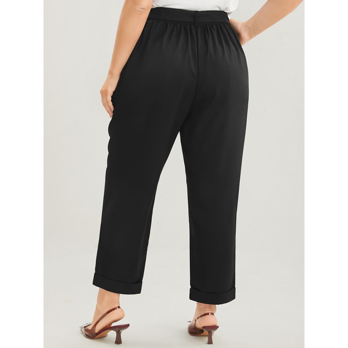 Plus Size Plain Elastic Waist Belted Pocket Mid Rise Pants Women Black Office Mid Rise Dailywear Pants BloomChic 14-16/1X Product Image