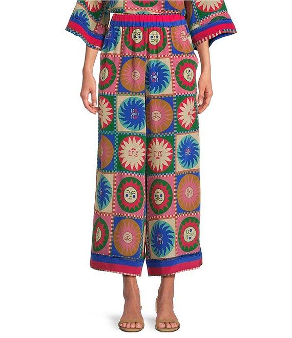 JOHNNY WAS Coordinating Silk Geometric Sun Tile Print Pull-On Wide Leg Crop Pants Product Image