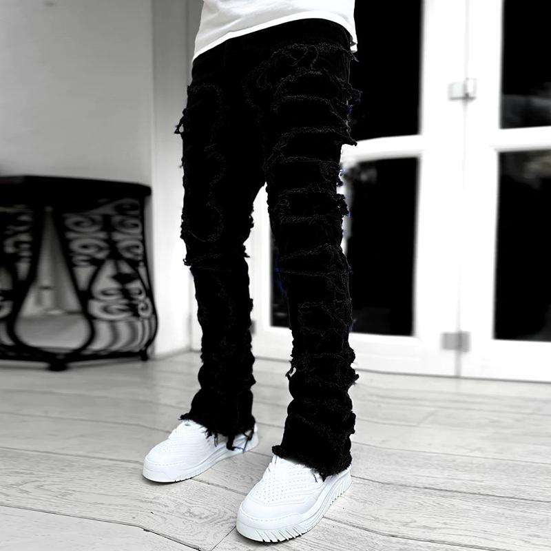 Men's Hiphop Fashion Elastic Patch Denim Straight Pants Product Image