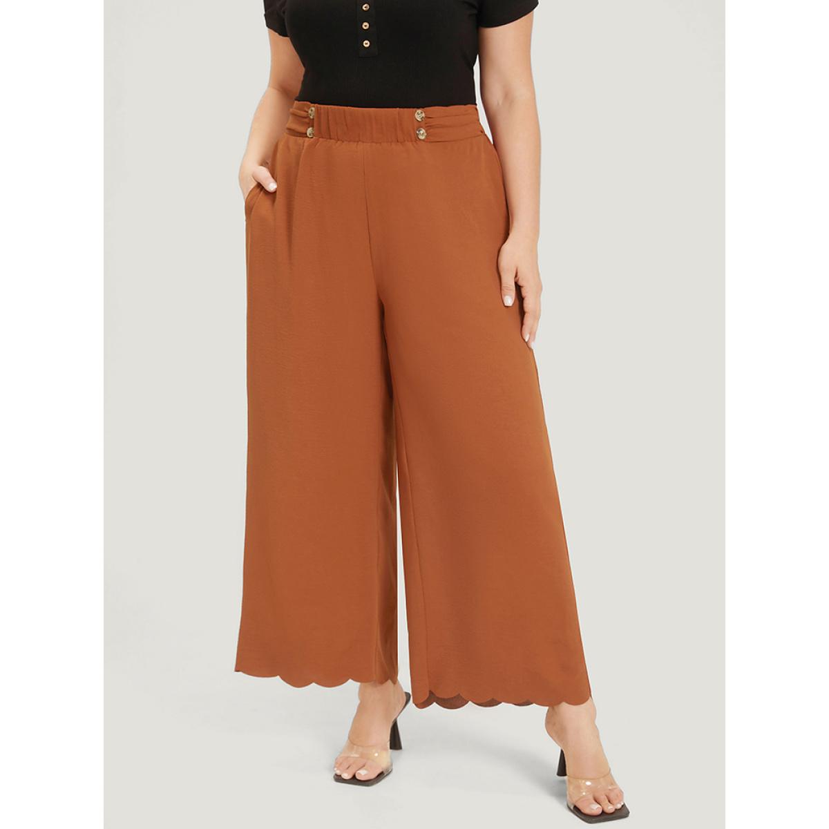 Plus Size Solid Button Detail Ruched Pocket Scalloped Trim Pants Women Rust Elegant Straight Leg High Rise Dailywear Pants BloomChic 10/M Product Image