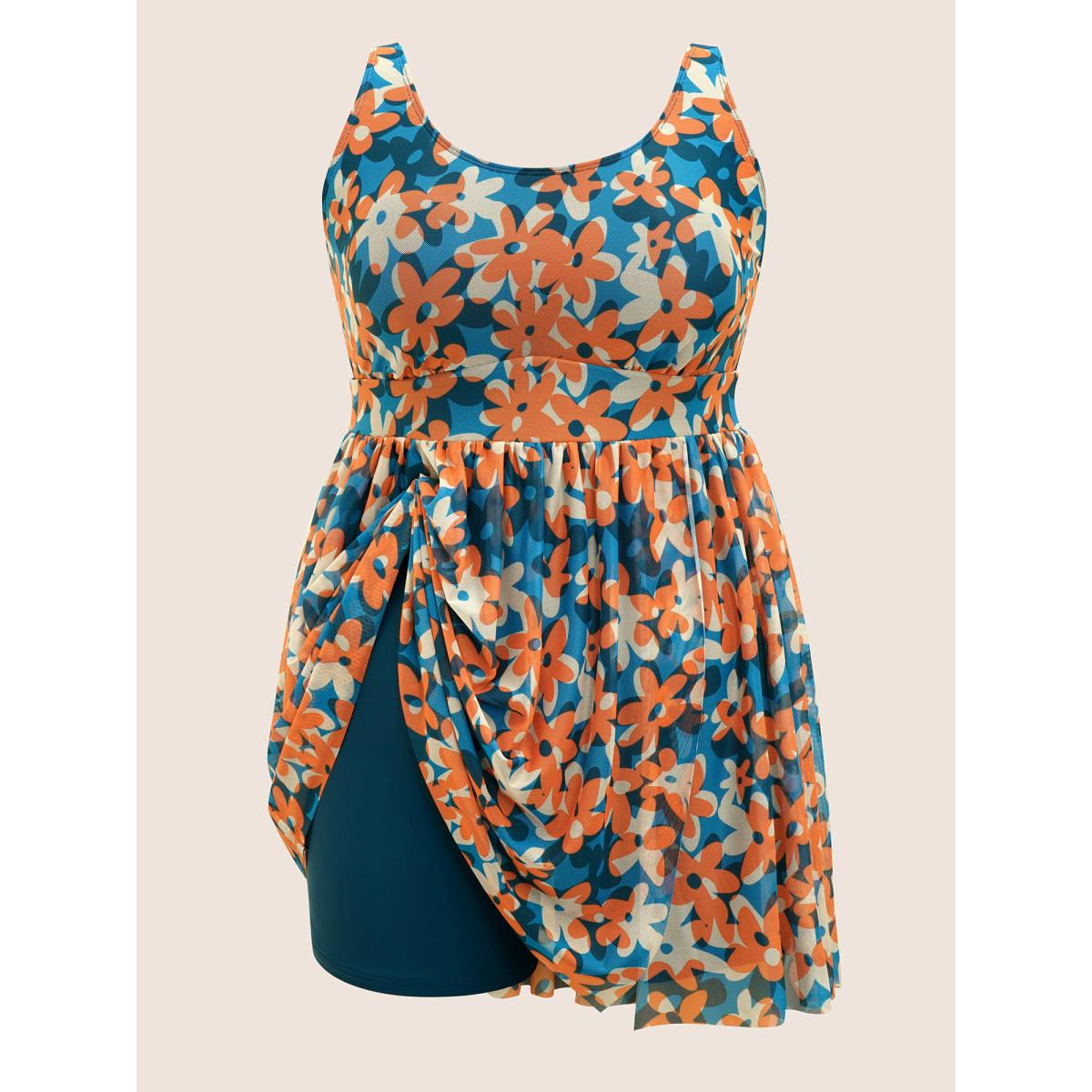 Plus Size Ditsy Floral Slit Hem See Through Swim Dress Women's Swimwear Multicolor Beach Bodycon U-neck High stretch Curve Swim Dresses BloomChic 22-24/3X Product Image