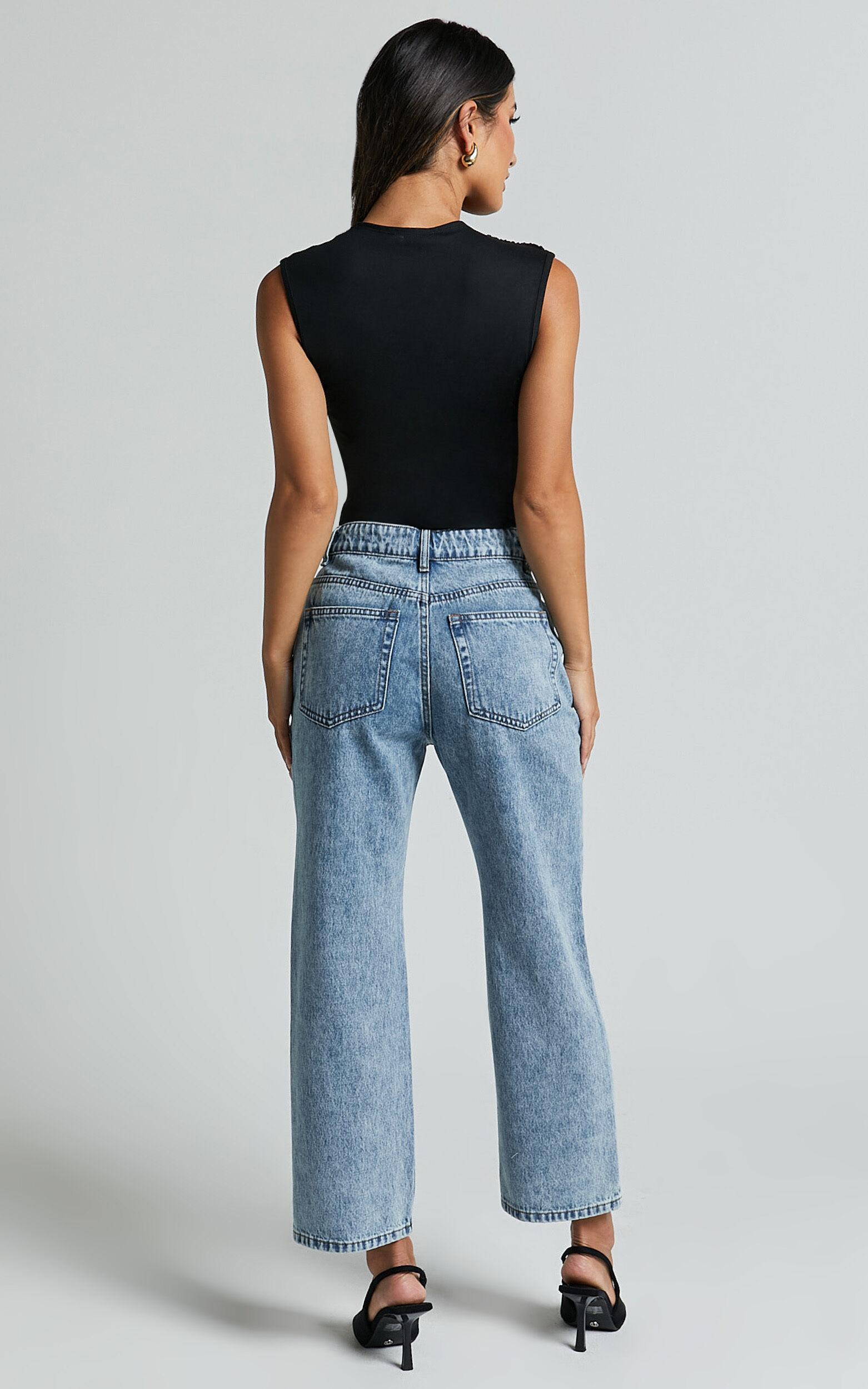 Wilkins Jeans - High Waisted Straight Leg Cropped Hem Jeans in Mid Blue Wash Product Image