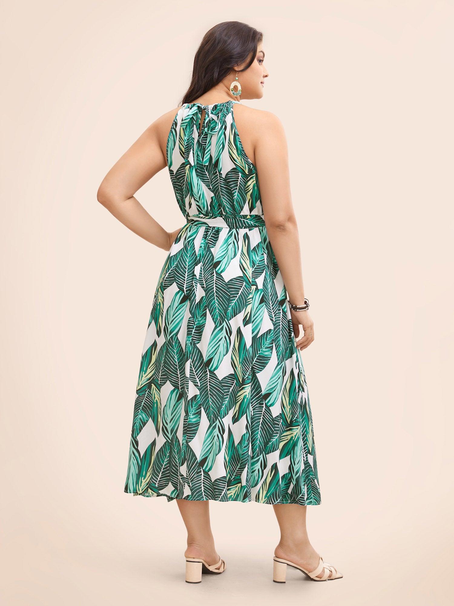 Tropical Print Knotted Pocket Ruffles Belted Halter Dress Female Product Image